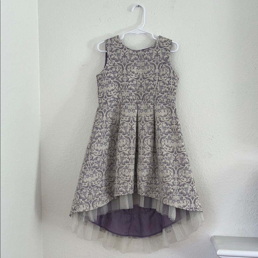 Oshkosh Girls High Low Formal Dress Damask Print Gray Purple Tulle Size 5